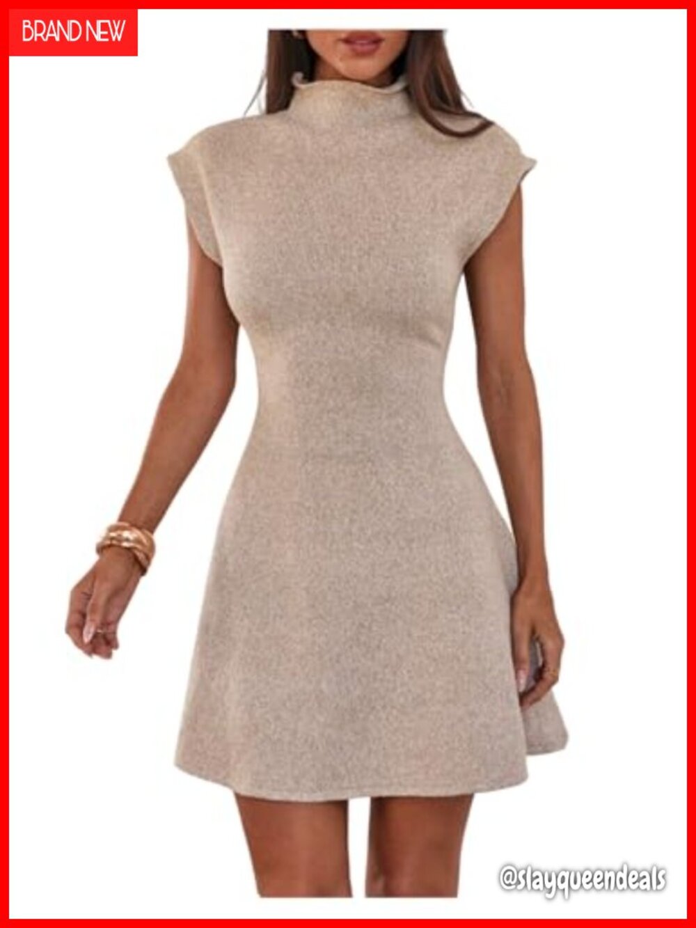 Women's Cap Sleeve Mini Sweater Dress Mock Neck A-Line Knit Business Casual